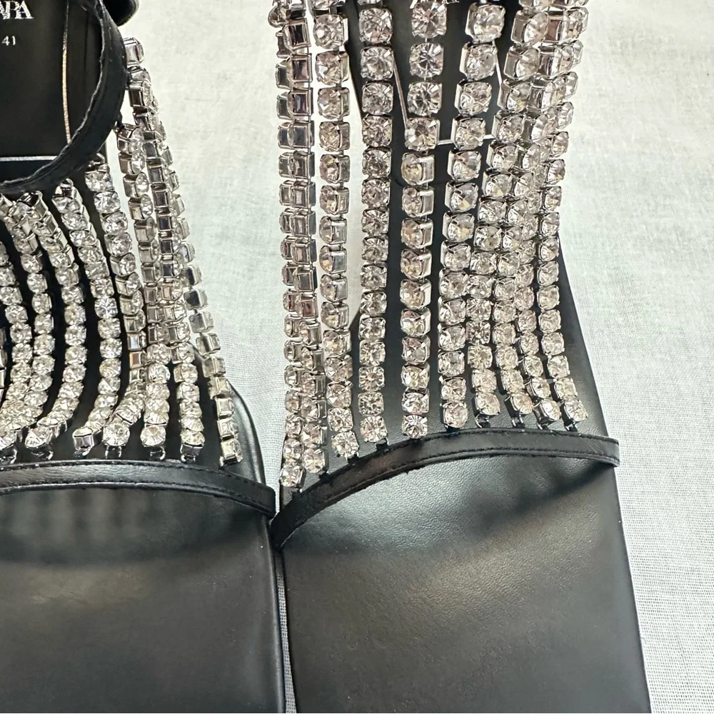 New Zara $129 Rhinestone Square Toe Black Sandals 1343/610 Size 10 RARE - Picture 13 of 16
